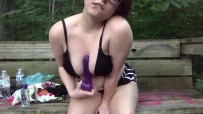 Exhibitionist Teen Gives Titjob And Thighjob To Her Dildo On A Park Bench - hclips.com